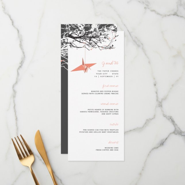 Hanging Coral Paper Crane On Branch Asian Wedding Menu (Front/Back In Situ)