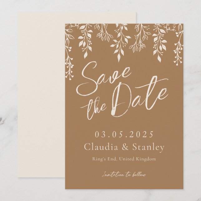 Hanging Florals Foliage Warm Beige Boho Earthy  Save The Date (Front/Back)