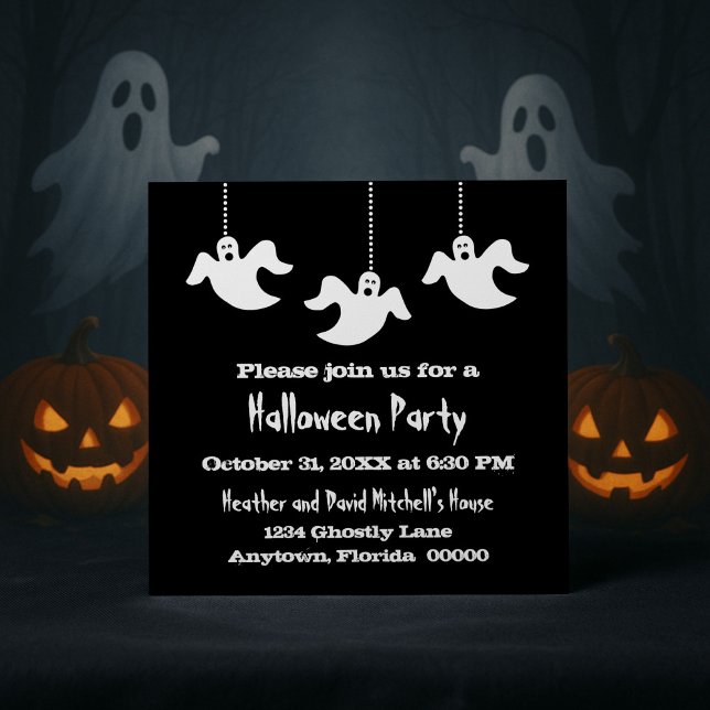 Hanging Ghosts Halloween Invite, Black Invitation (Black Hanging Ghosts Halloween Party Invitation)