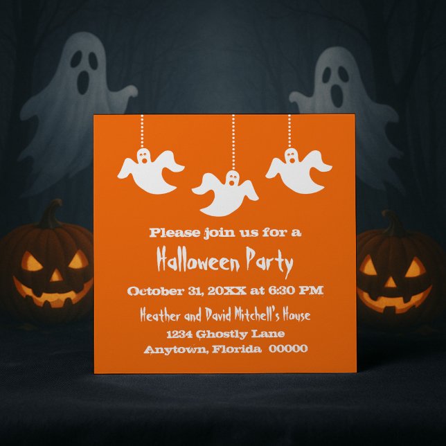 Hanging Ghosts Halloween Invite, Orange Invitation (Orange Hanging Ghosts Halloween Party Invitation)