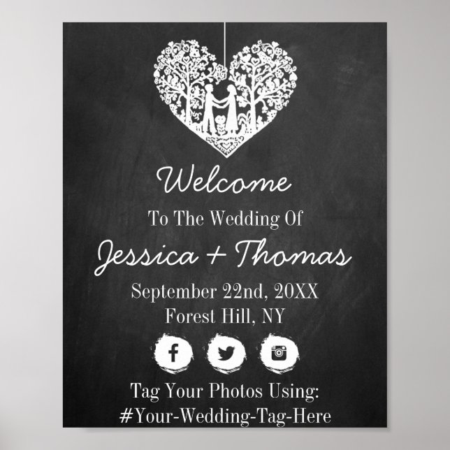 Hanging Heart Tree Chalkboard Wedding Welcome Poster (Front)