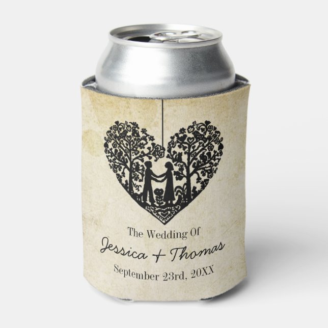 Hanging Heart Tree Vintage Wedding Collection Can Cooler (Can Front)