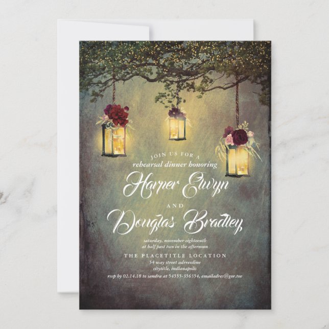 Hanging Lantern Lights Rustic Rehearsal Dinner Invitation (Front)