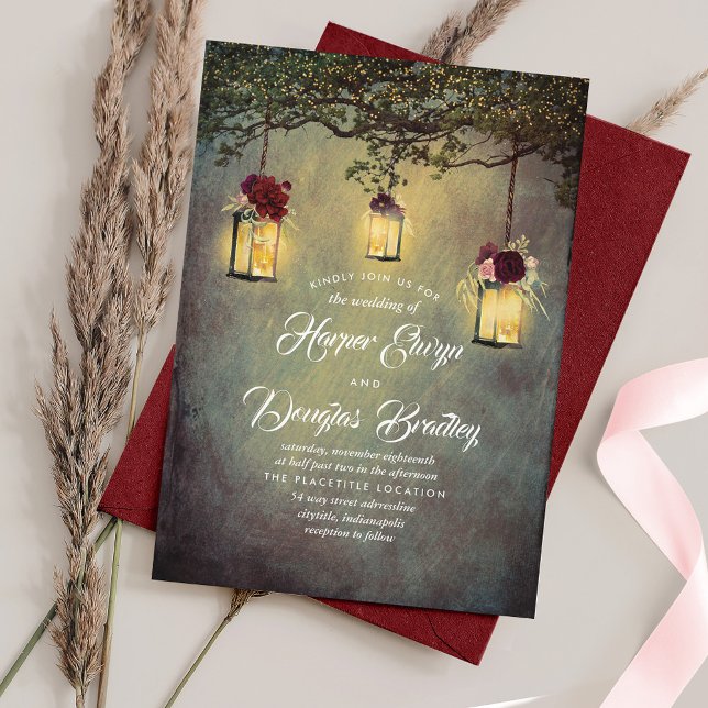 Hanging Lanterns Burgundy Red Rustic Wedding Invitation (Creator Uploaded)