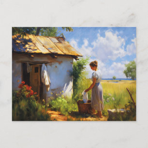Hanging Laundry by the Cottage Holiday Postcard