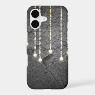 hanging lights glowing on slate grey rock