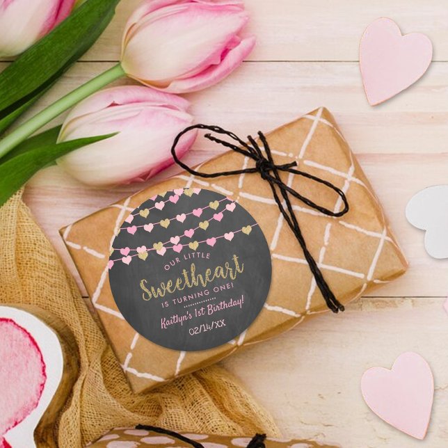 Hanging Love Hearts Little Sweetheart Birthday Classic Round Sticker (Creator Uploaded)