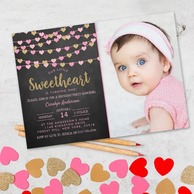 Hanging Love Hearts Little Sweetheart Birthday Invitation (Creator Uploaded)