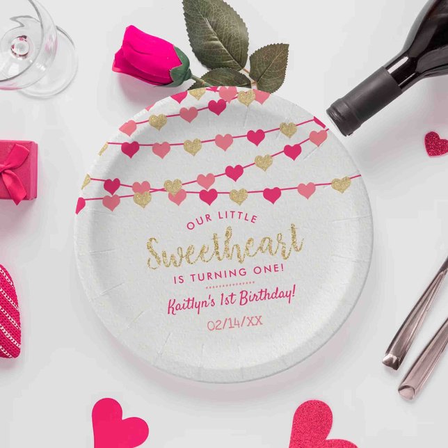 Hanging Love Hearts Little Sweetheart Birthday Paper Plate (Creator Uploaded)