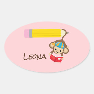 Hanging Monkey Reading Book with Name Oval Sticker