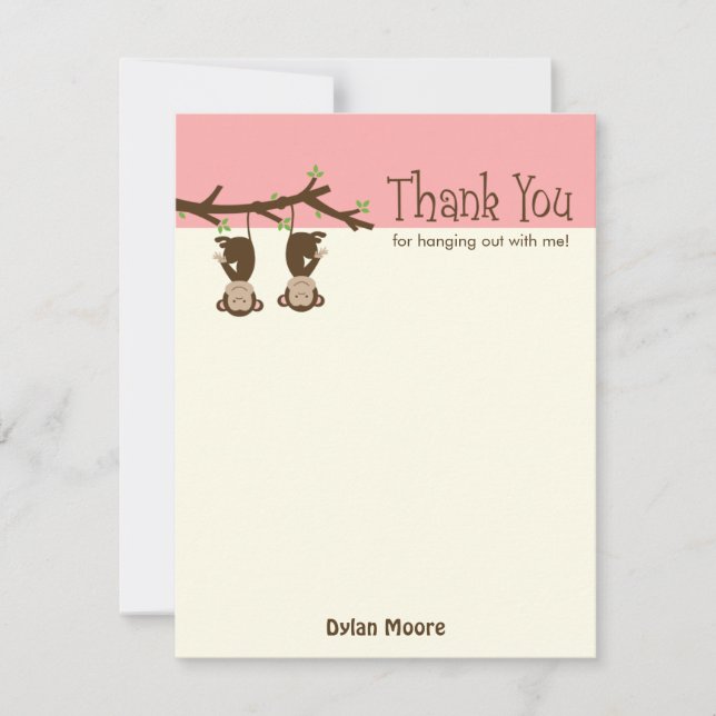 Hanging Monkeys Thank You Card - Pink (Front)