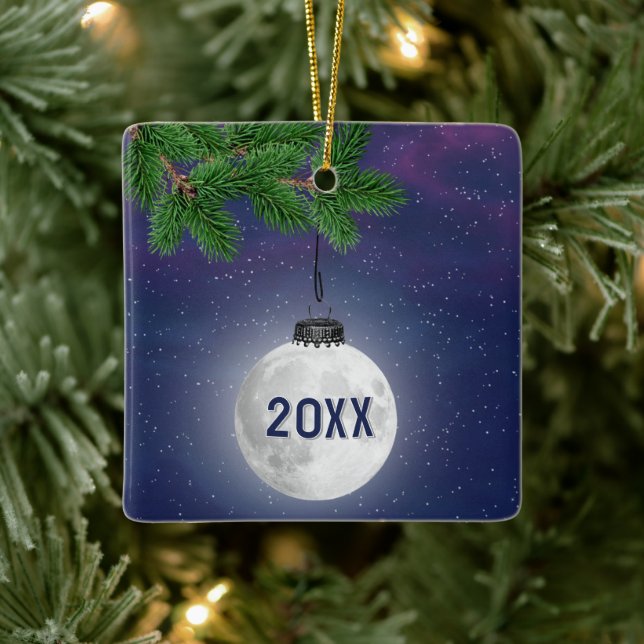 Hanging Moon Christmas Ornament On Pine Bough (Tree)