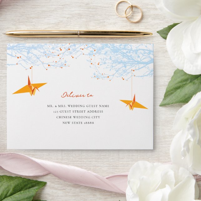 Hanging Orange Origami Cranes & Love Quote Wedding Envelope (Wedding)