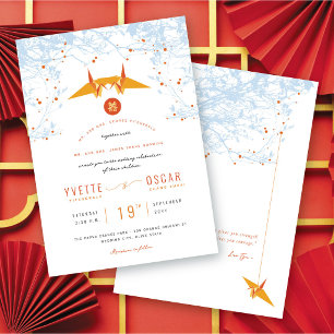 Hanging Orange Origami Cranes & Love Quote Wedding Invitation
