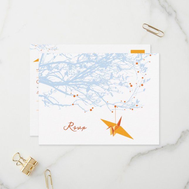 Hanging Origami Orange Cranes Asian Wedding RSVP Invitation Postcard (Front/Back In Situ)