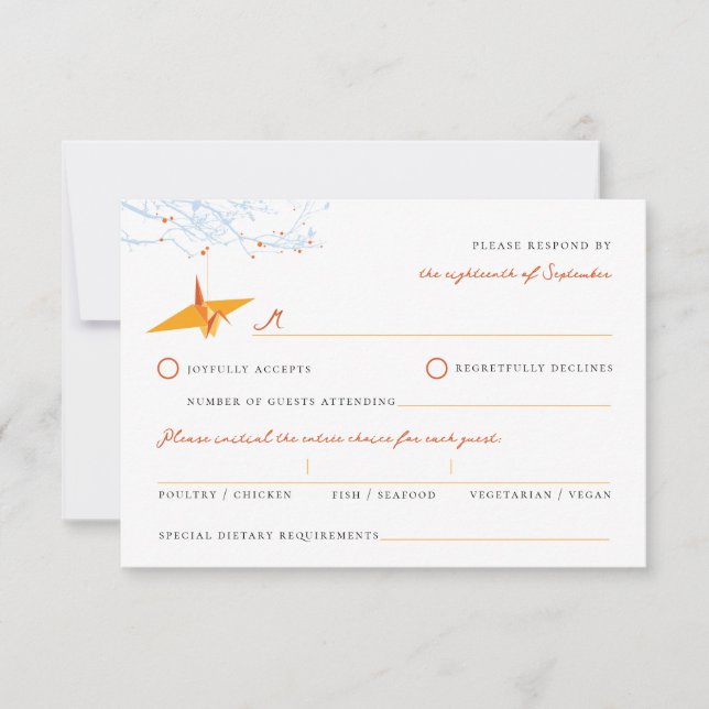Hanging Origami Orange Paper Cranes Asian Wedding RSVP Card (Front)