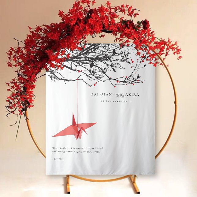 Hanging Origami Paper Crane Wedding Photo Backdrop Tapestry (Hanging Origami Red Paper Crane & Branches Asian Wedding Photo Backdrop Tapestry @ fatfatin_red_knot)