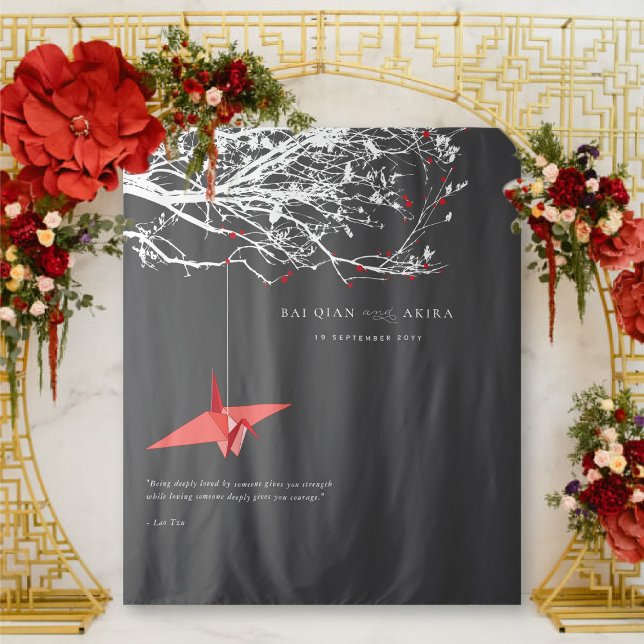 Hanging Origami Paper Crane Wedding Photo Backdrop Tapestry (Hanging Origami Red Paper Crane On Branches Wedding Photo Backdrop Tapestry @ fatfatin_red_knot)