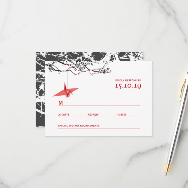 Hanging Origami Red Paper Cranes Asian Wedding RSVP Card (Front/Back In Situ)