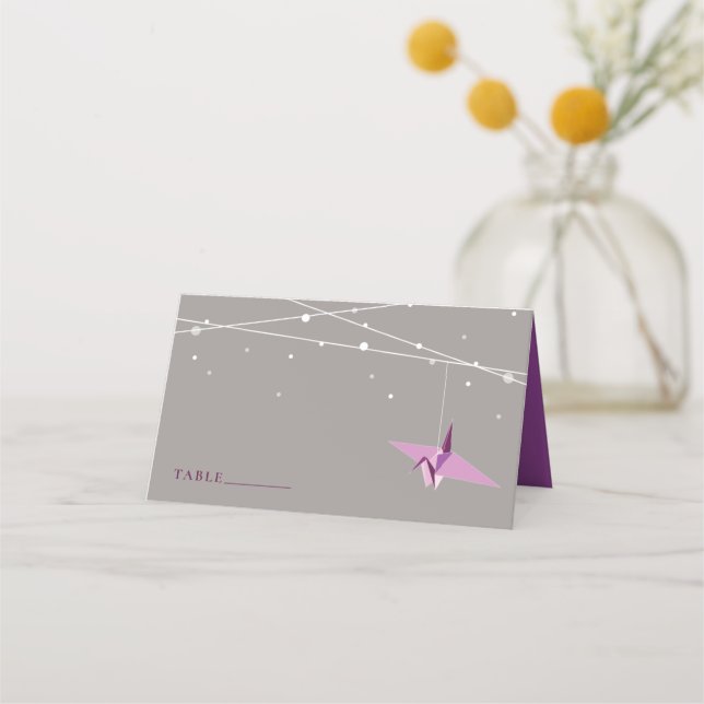 Hanging Purple Origami Paper Cranes Asian Wedding Place Card (Front)