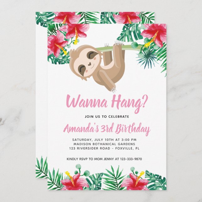 Hanging Sloth Girl Birthday Invitation (Front/Back)