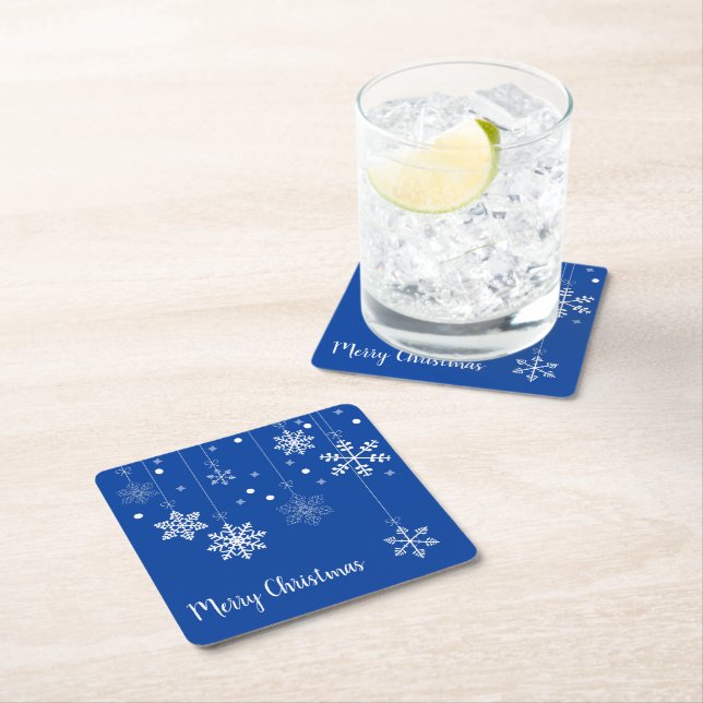 Hanging Snowflakes Merry Xmas Blue Paper Coasters (Insitu)