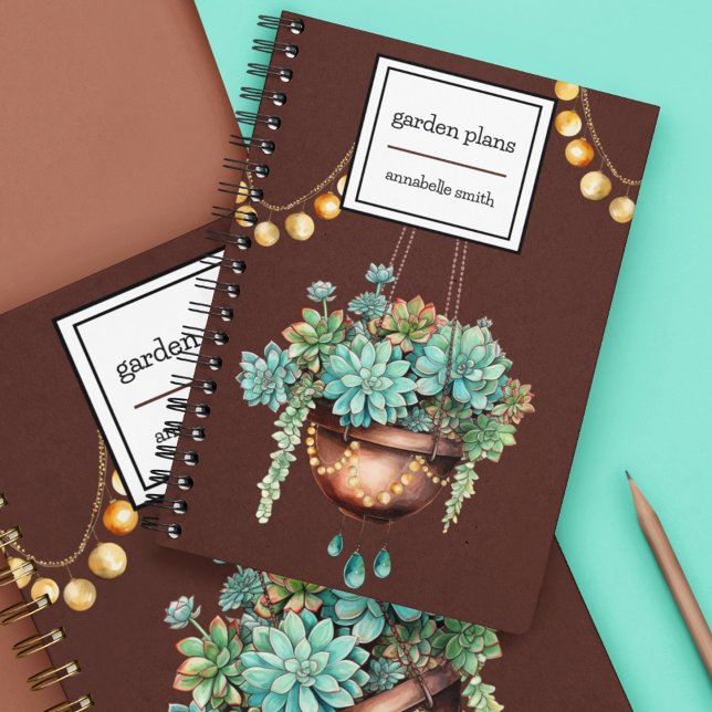 Hanging Succulent in Copper and Turquoise Pot Notebook (Cute plants in copper and aqua  on a spiral notebook you can personalize.  Great for plant lovers. )