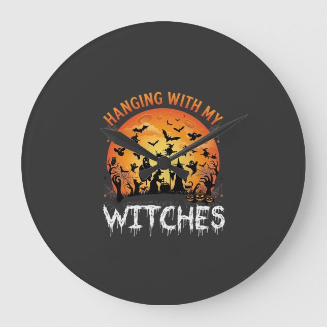 Hanging Witches Halloween Moon Bats Pumpkins_1 Large Clock (Front)