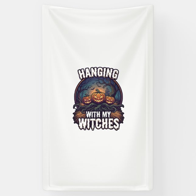 Hanging Witches Halloween Pumpkins Haunted Forest  Banner (Vertical)
