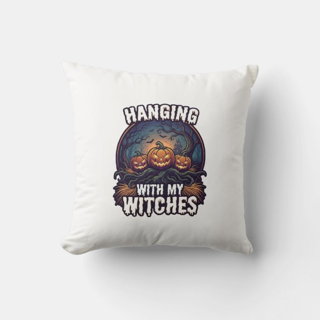 Hanging Witches Halloween Pumpkins Haunted Forest  Cushion (Front)