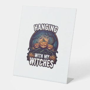 Hanging Witches Halloween Pumpkins Haunted Forest Pedestal Sign