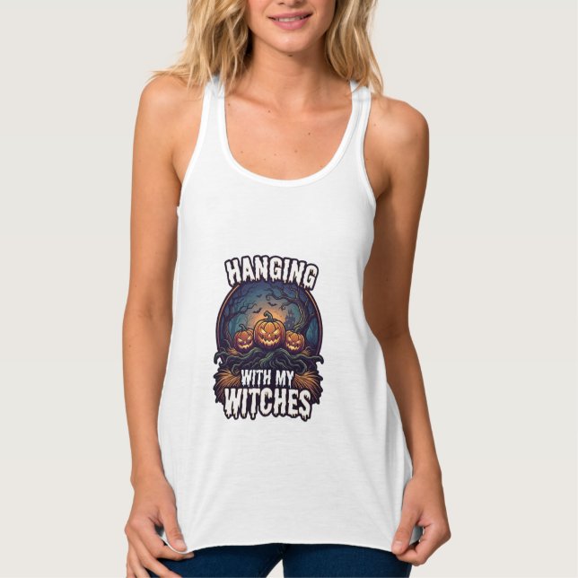 Hanging Witches Halloween Pumpkins Haunted Forest  Singlet (Front)