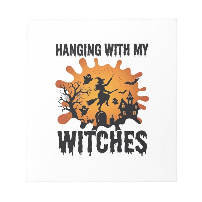 Hanging Witches Halloween Witch Broom Haunted Hous Notepad (Front)
