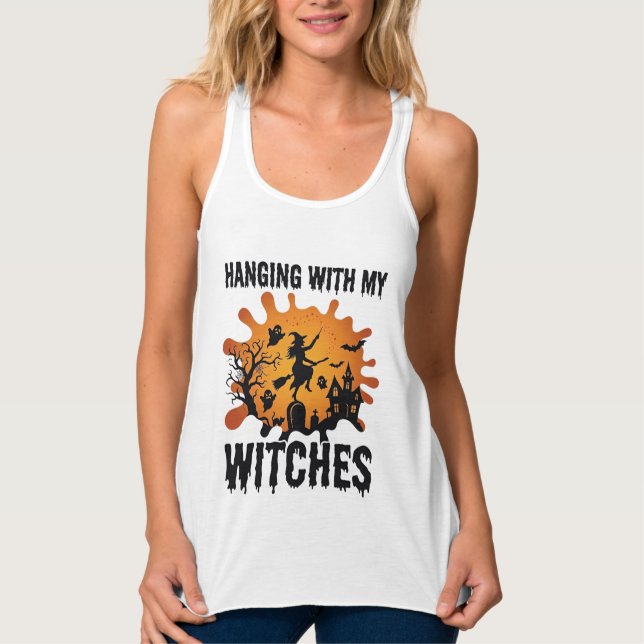 Hanging Witches Halloween Witch Broom Haunted Hous Singlet (Front)