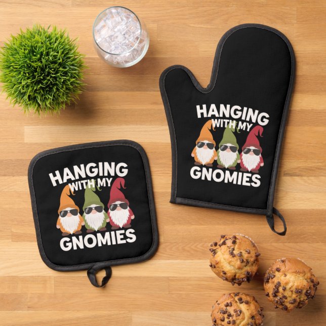 Hanging With My Gnomies Funny Garden Gnome Oven Mitt & Pot Holder Set (Top Down)