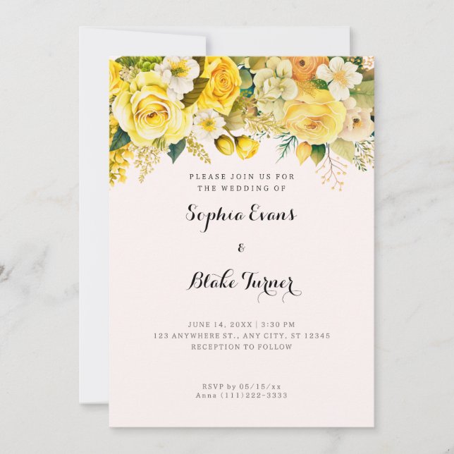 Hanging Yellow Flowers Blush Garden Wedding Invitation (Front)
