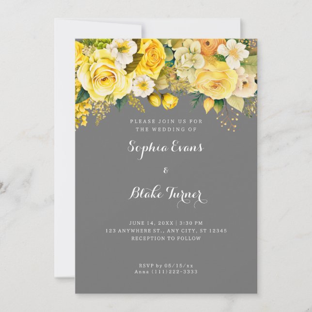 Hanging Yellow Flowers Grey Garden Wedding Invitation (Front)