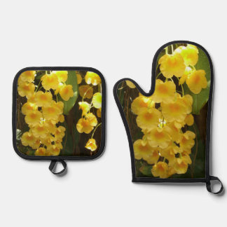 Hanging Yellow Orchids Tropical Flowers Oven Mitt & Pot Holder Set