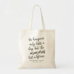 Hangover Memories Funny Wedding Favour Tote Bag<br><div class="desc">Funny and cute wedding favour or wedding welcome tote bags feature "the hangover only lasts a day, but the memories last a lifetime" in black script typography with your names and wedding date beneath. Stuff with morning-after goodies like pain reliever, water and an eye mask to create a hangover recovery...</div>