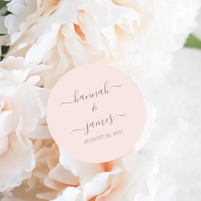 Hannah | Elegant Blush Pink Calligraphy Wedding Classic Round Sticker (Creator Uploaded)