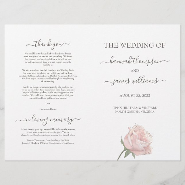 Hannah Elegant Folded Wedding Ceremony Program (Front)