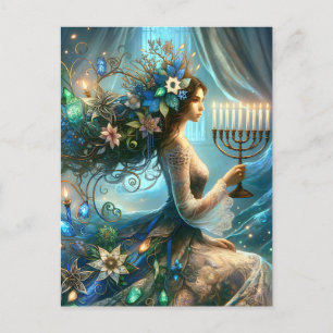Hannukah Beautiful Woman with Menorah Holiday Postcard
