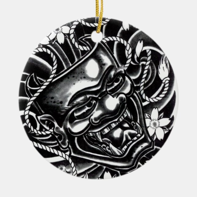 Hannya Mask Tattoo Design Ceramic Tree Decoration (Front)