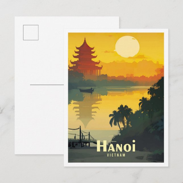 Hanoi Vietnam Art Vintage Travel Illustration Postcard (Front/Back)