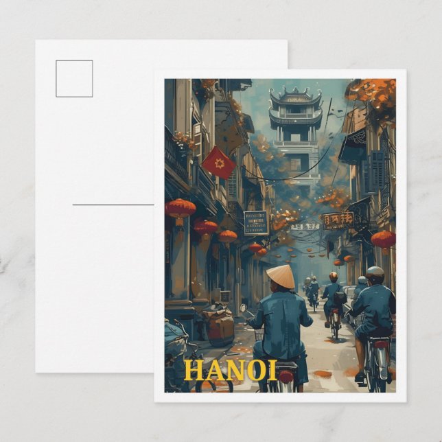 Hanoi Vietnam Vintage Art Travel Illustration Postcard (Front/Back)