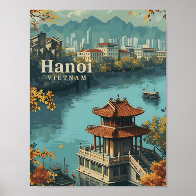 Hanoi Vietnam Vintage Art Travel Illustration Poster (Front)