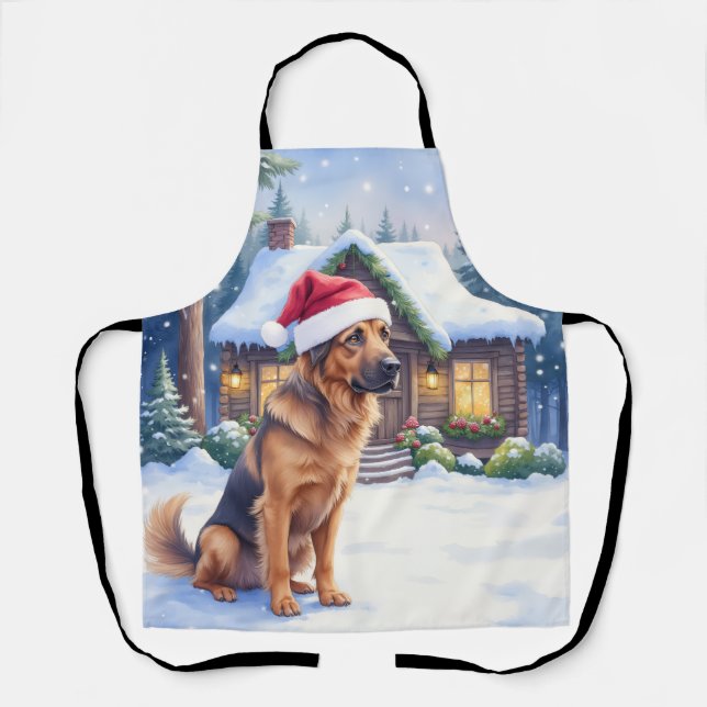 Hanoverian Scenthound Snowy Forest Cabin Santa Hat Apron (Front)