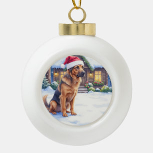 Hanoverian Scenthound Snowy Forest Cabin Santa Hat Ceramic Ball Christmas Ornament