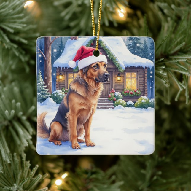Hanoverian Scenthound Snowy Forest Cabin Santa Hat Ceramic Ornament (Tree)