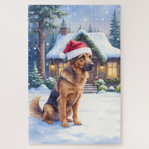 Hanoverian Scenthound Snowy Forest Cabin Santa Hat Jigsaw Puzzle